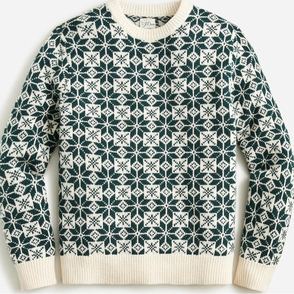 J. Crew Men's Forest Green and Cream Crewneck Christmas Sweater